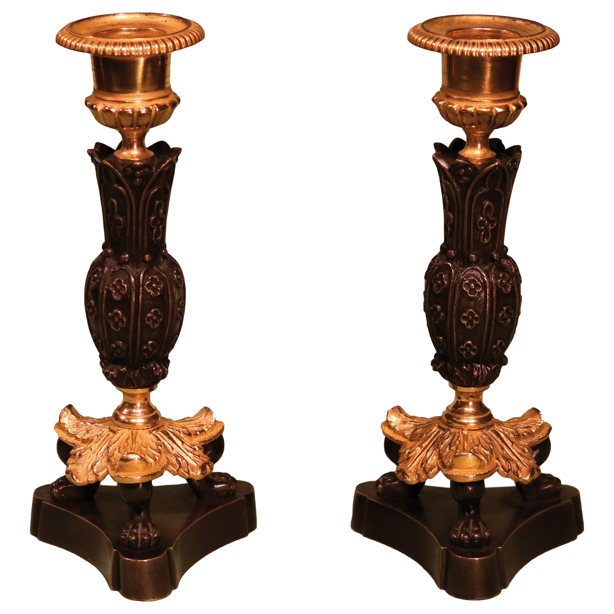 19th Century Regency Bronze and Ormolu Gothic Flower Candlesticks