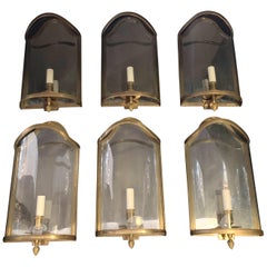 Vintage Pair English Curved Convex Glass Bronze Lantern Sconces