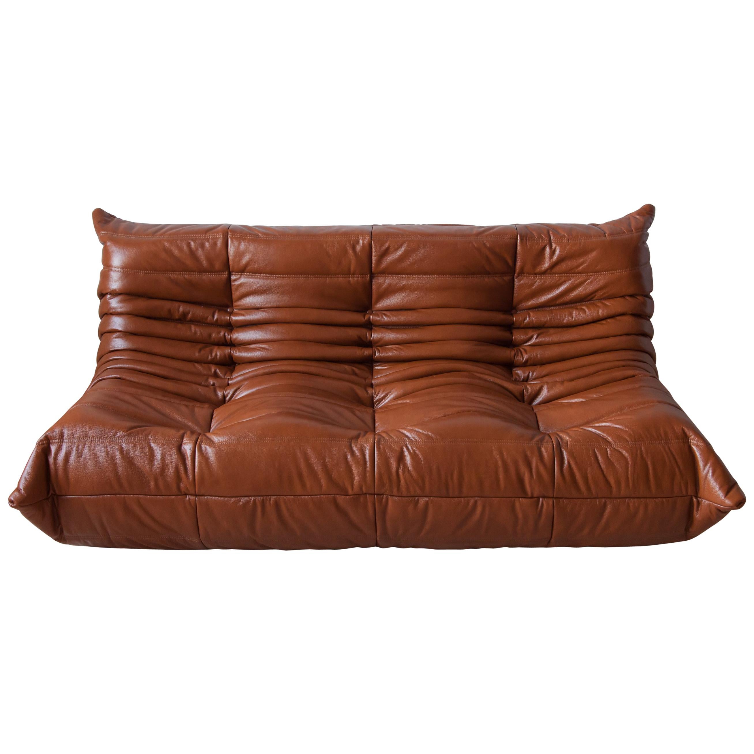 Togo 3-Seat Sofa in Whiskey Leather by Michel Ducaroy for Ligne Roset For Sale