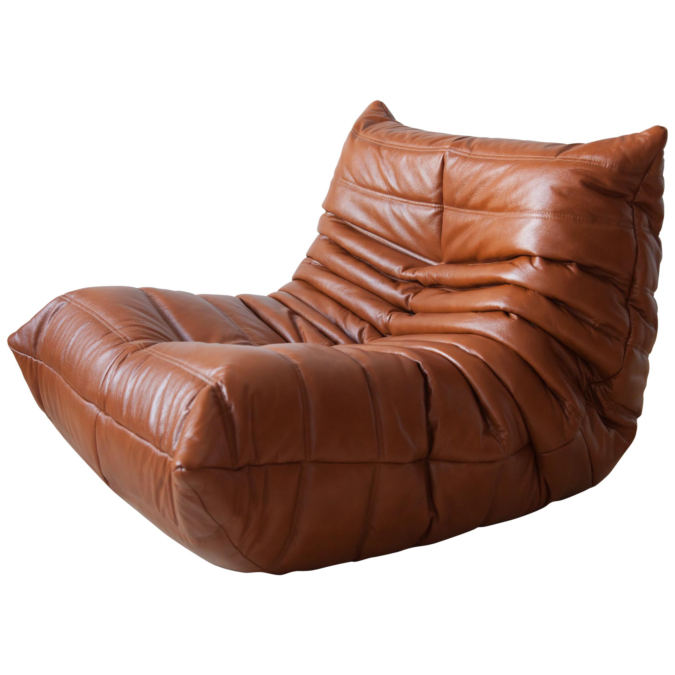 Togo Longue Chair in Whiskey Leather by Michel Ducaroy, Ligne Roset For Sale