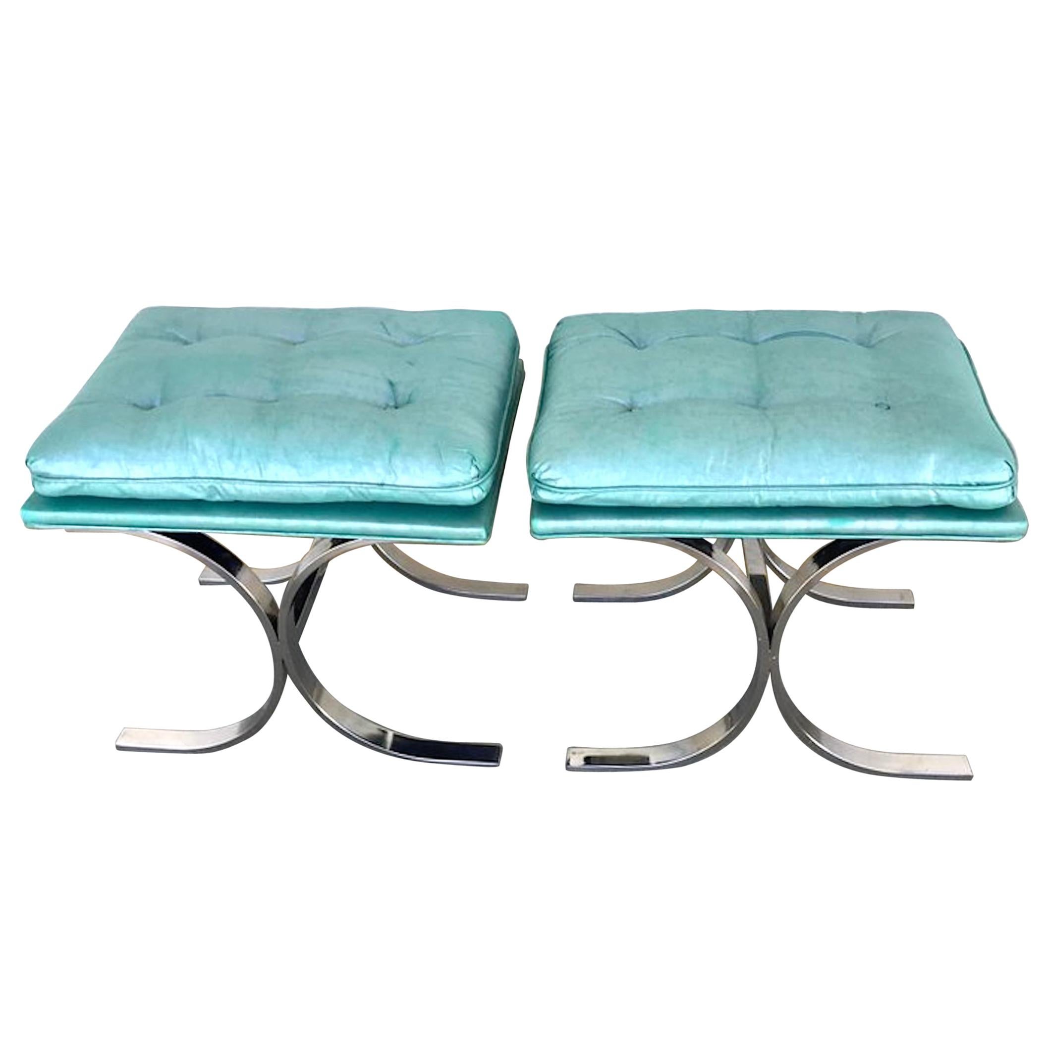 Pair of Milo Baughman Style Chrome Curule Benches For Sale