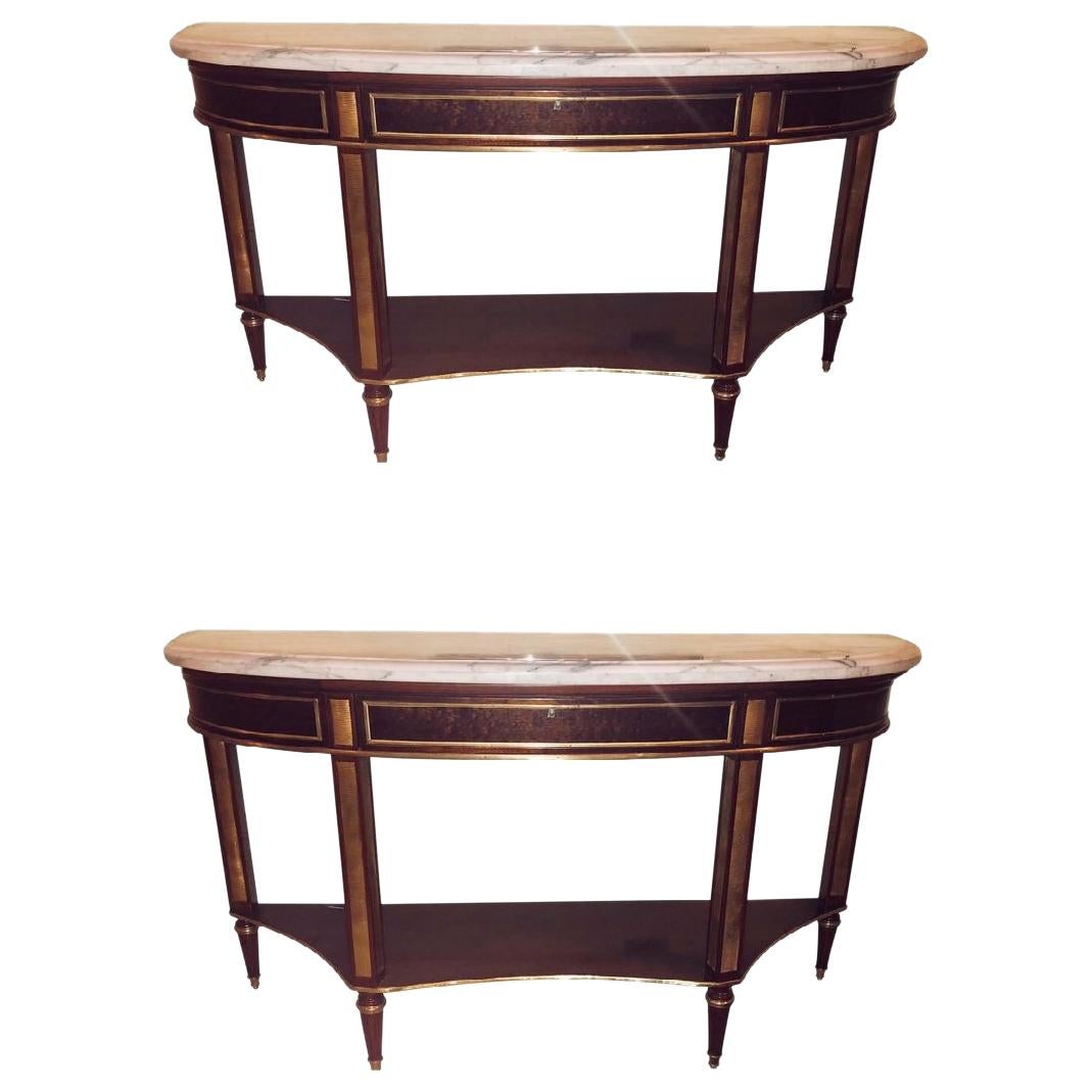 Pair of Mahogany Marble Top Demilune Jansen Style Consoles or Sofa Tables