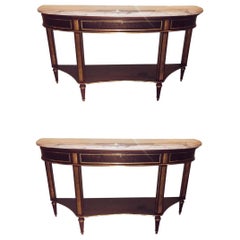 Pair of Mahogany Marble Top Demilune Jansen Style Consoles or Sofa Tables