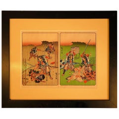 Japanese Antique "Samurai Story Tale" Framed Woodblock Print Vibrant Colors