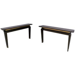 Pair of Postmodern Black Lacquered Wood and Brass Console Tables, Italy