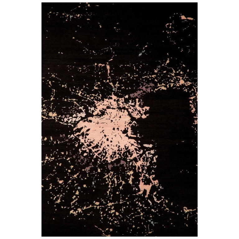 Black light Pink Modern Wool Silk Hand Knotted Rug 10x14 For Sale at