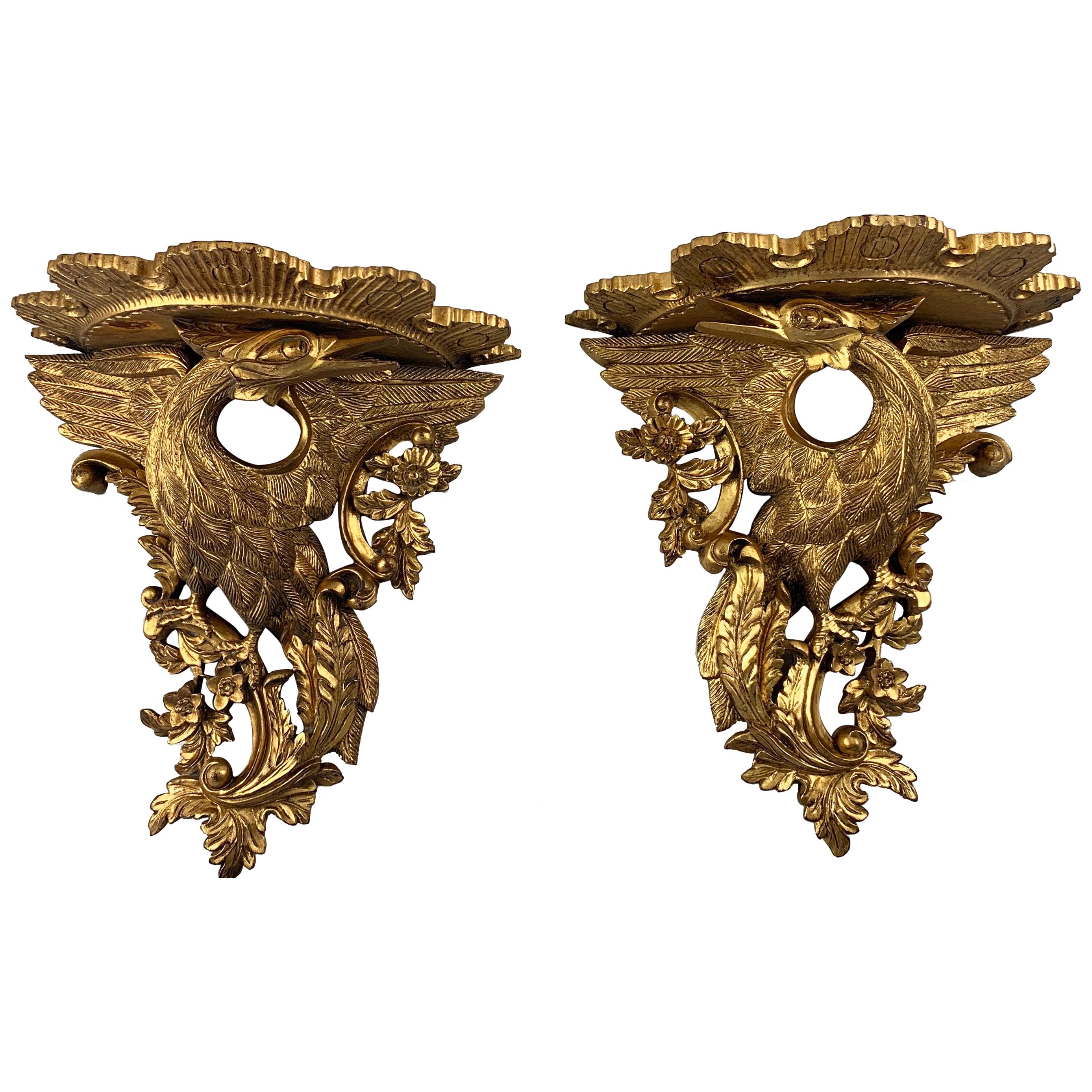19th Century Pair of Ornate Carved Wood Gilt Wall Brackets For Sale
