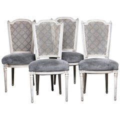 Set of Four French Painted Chairs with Upholstered Seats and Caned Backs