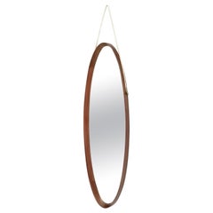 Oval Wall Mirror with a Solid Mahogany Frame and a Rope Hanger, Italy, 1960s