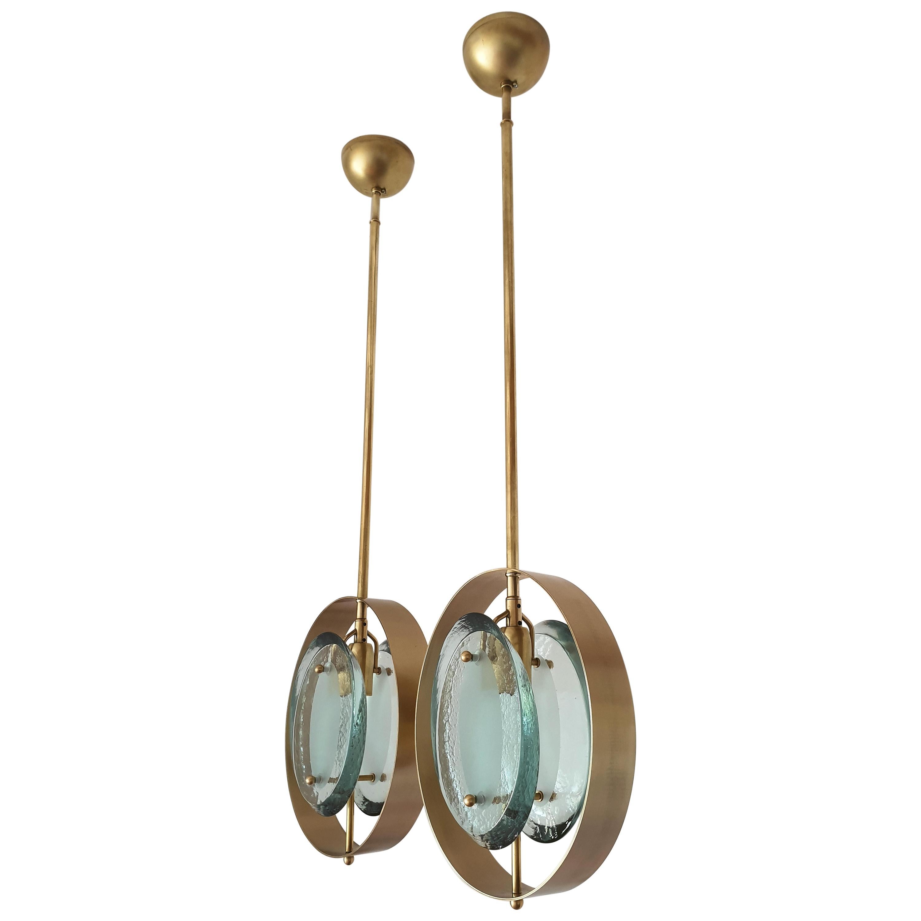Italian Pair of Mid-Century Modern Max Ingrand Style Brass and Glass Pendants, 1960s