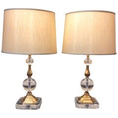 Glamorous Pair of Glass Sphere and Brass Table Lamps by Decorative Crafts