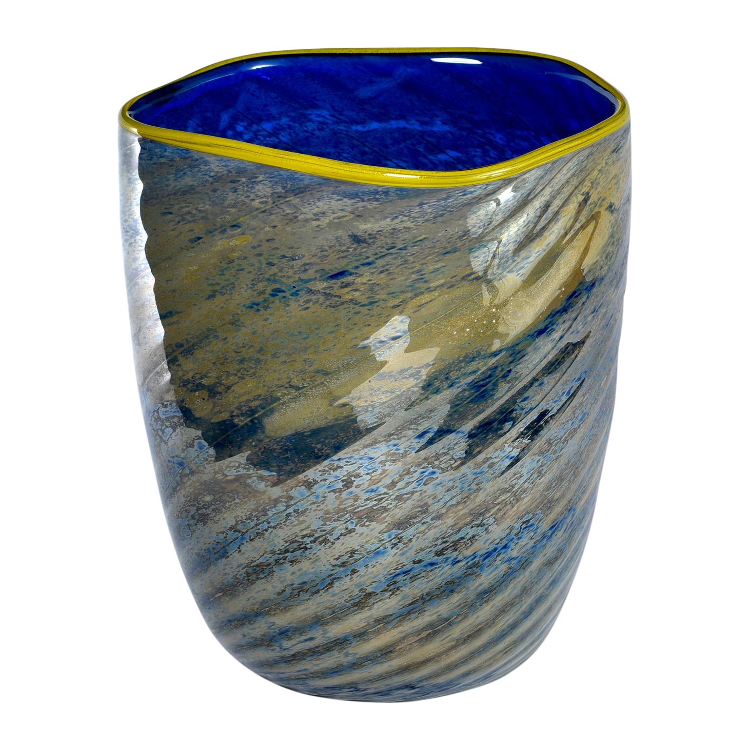 Blue and Green Art Glass Vase with Yellow Lip