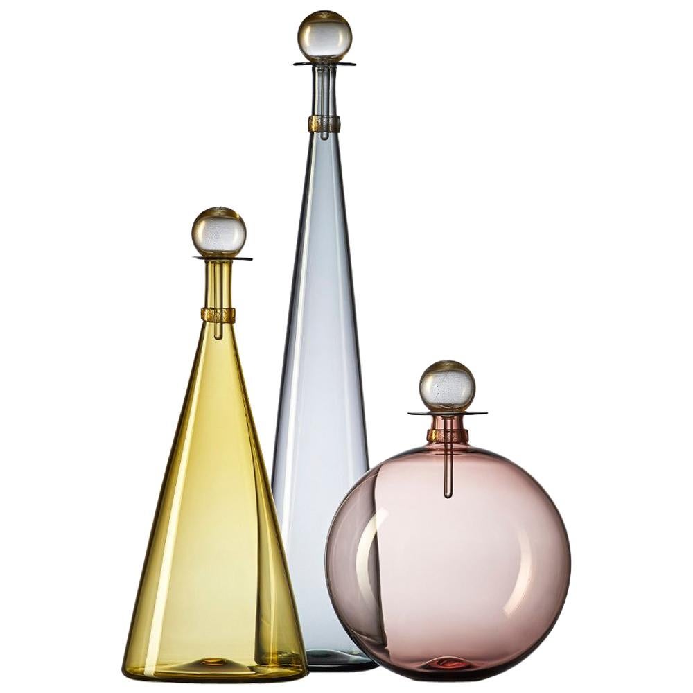 Smoky Colors, Set of Three Custom Vetro Vero Blown Glass Bottles, Made to Order For Sale