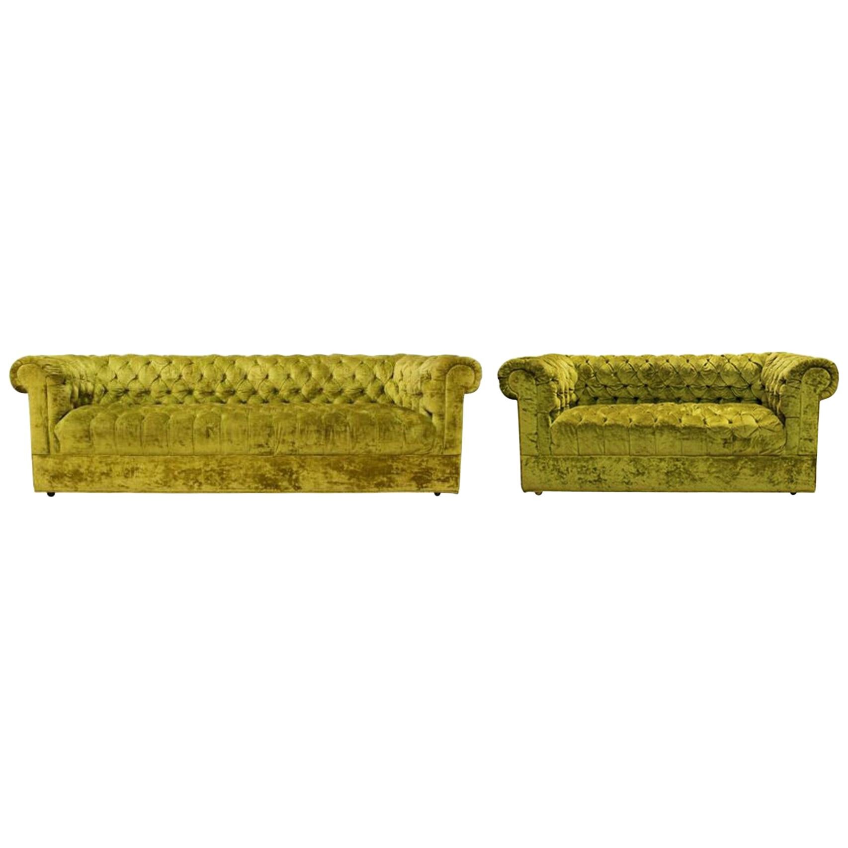 Mid-Century Modern Century Pair Green Tufted Sofa Loveseat Dunbar Baughman Style