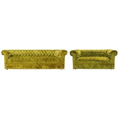 Mid-Century Modern Century Pair Green Tufted Sofa Loveseat Dunbar Baughman Style