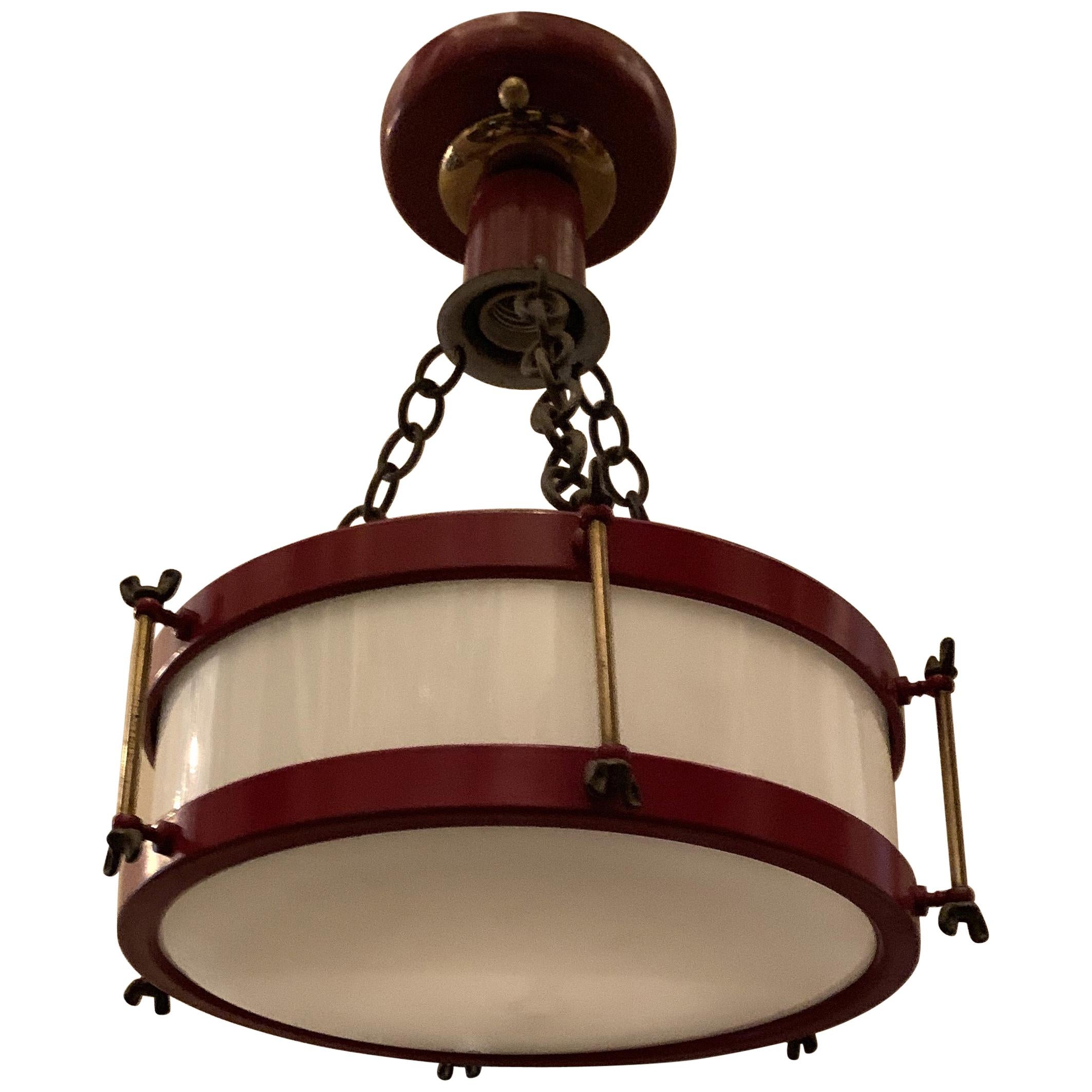 Vintage Red White Glass Bronze Snare Drum Flush Mount Light Fixture Chandelier For Sale