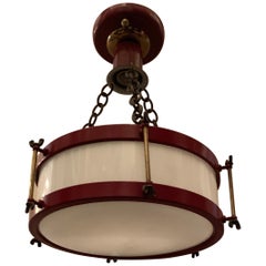 Vintage Red White Glass Bronze Snare Drum Flush Mount Light Fixture Chandelier