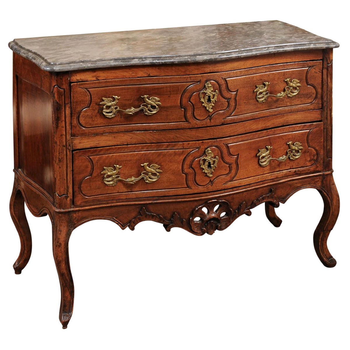 18th Century French Louis XV Walnut Commode with Grey Marble Top