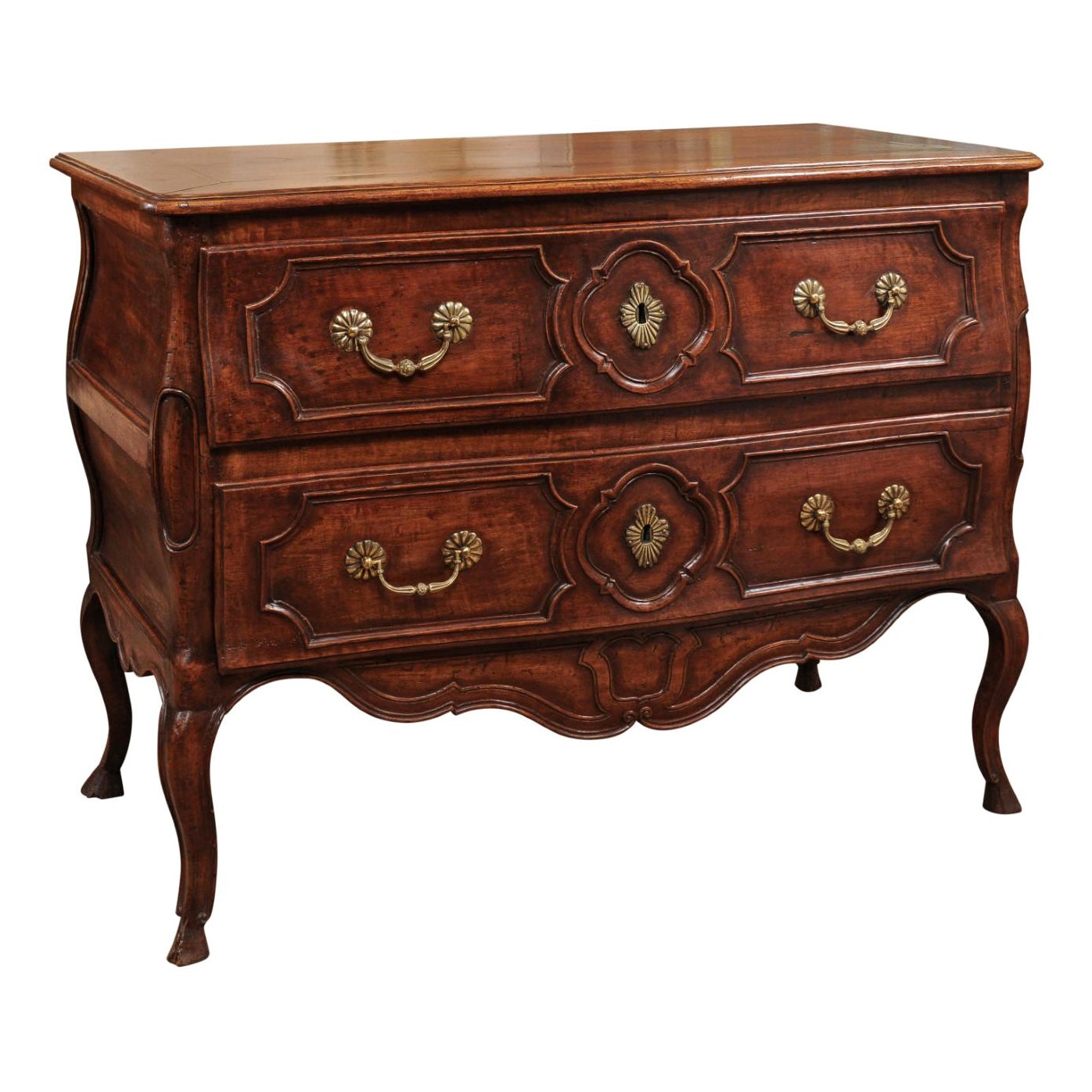 Mid-18th Century French Louis XV Walnut Commode with 2 Drawers, Cabriole Legs, & For Sale