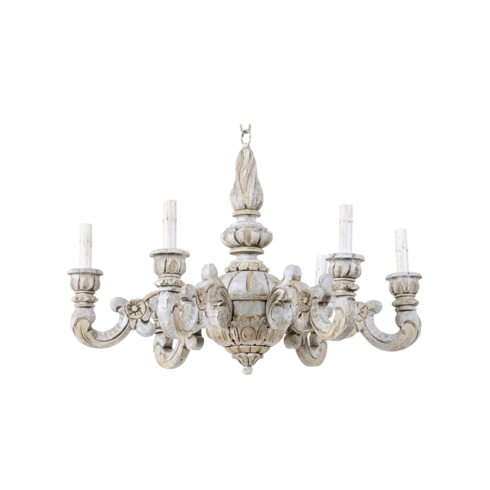 French Mid-20th Century Carved Wood Light Blue Chandelier