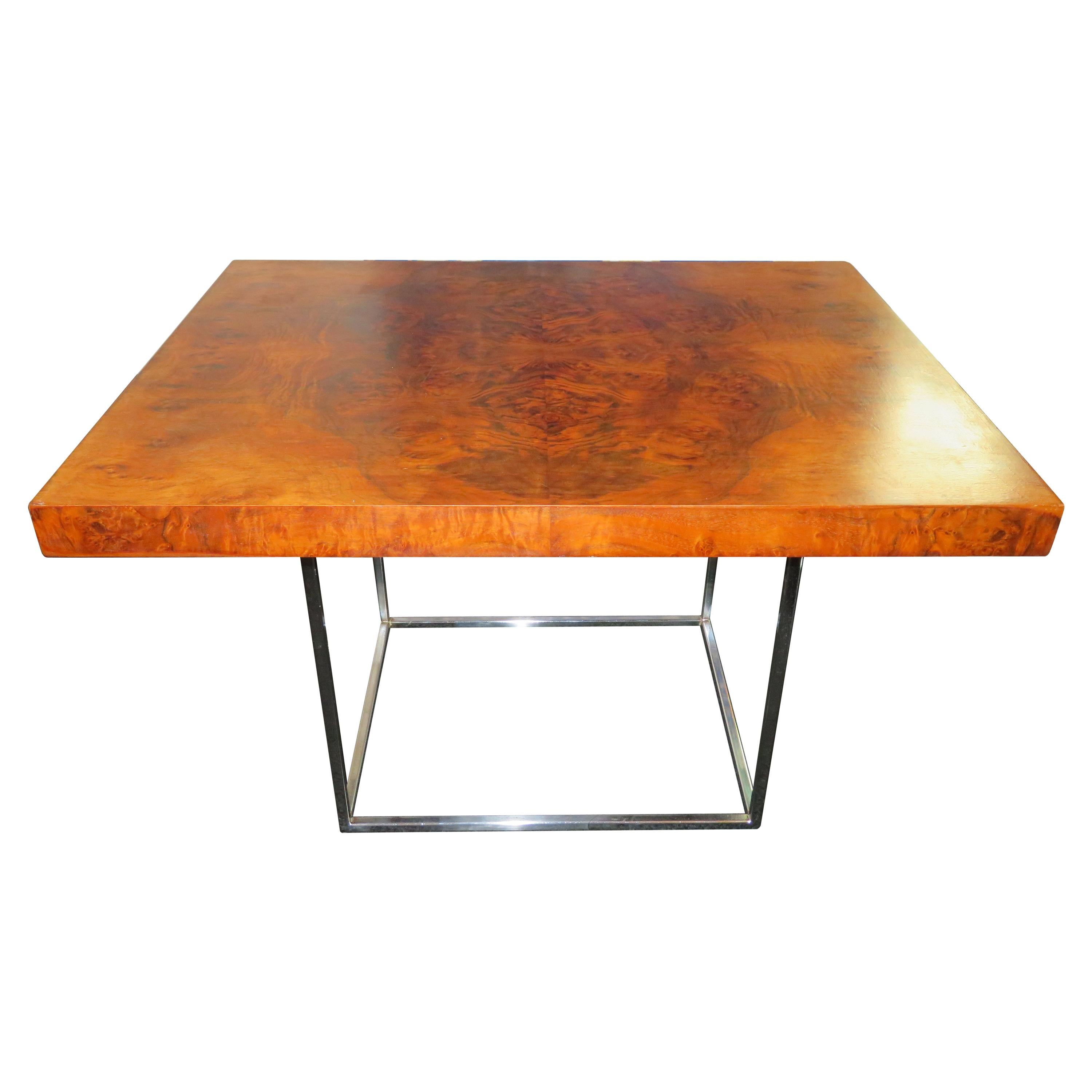 Fantastic Milo Baughman Burled Walnut Side End Table Thin Chrome Frame For Sale