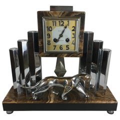French Art Deco Mantel Clock & Panther Sculpture by Duplanil St. Etienne