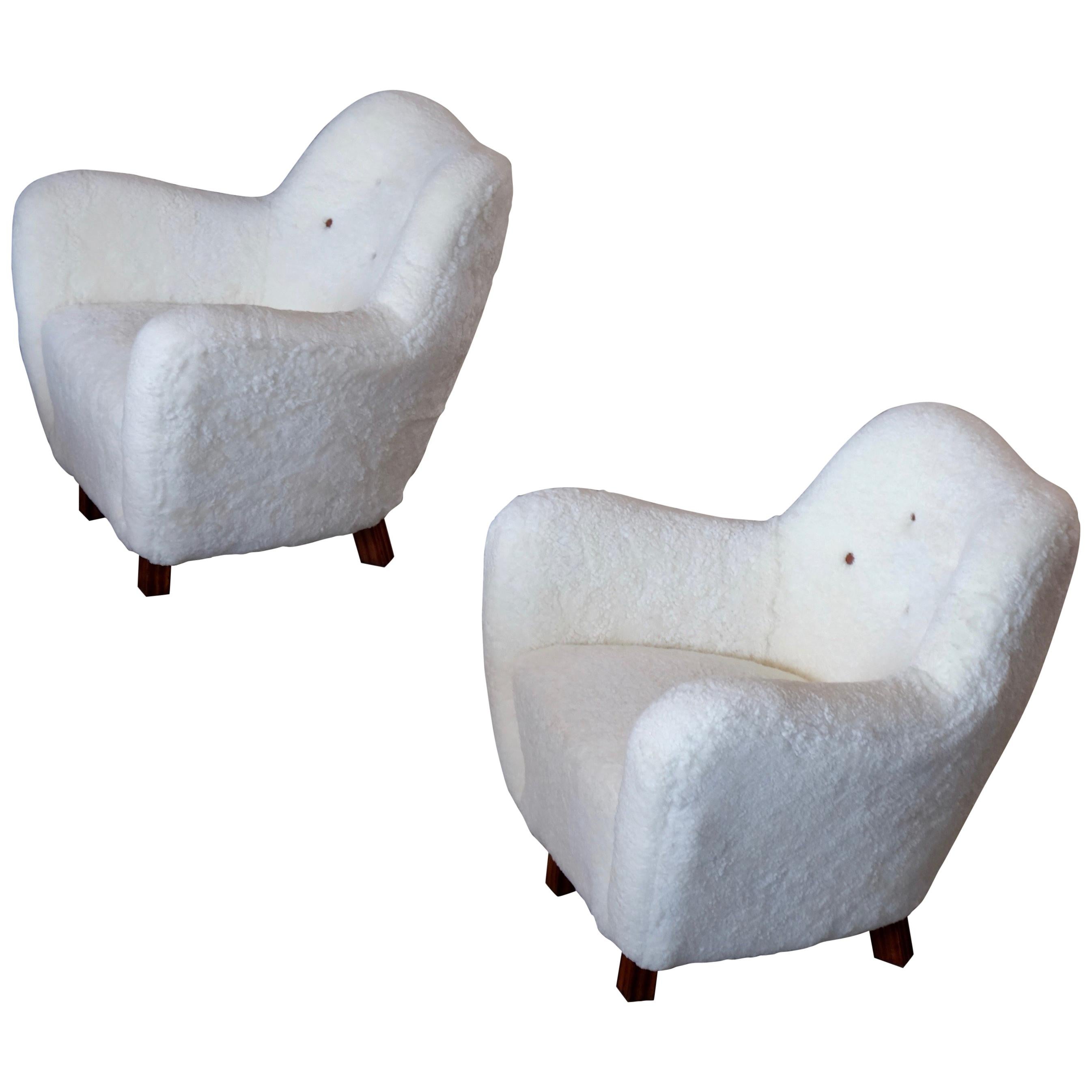 Rare Pair of Swedish Sheepskin Easy Chairs, 1950s For Sale