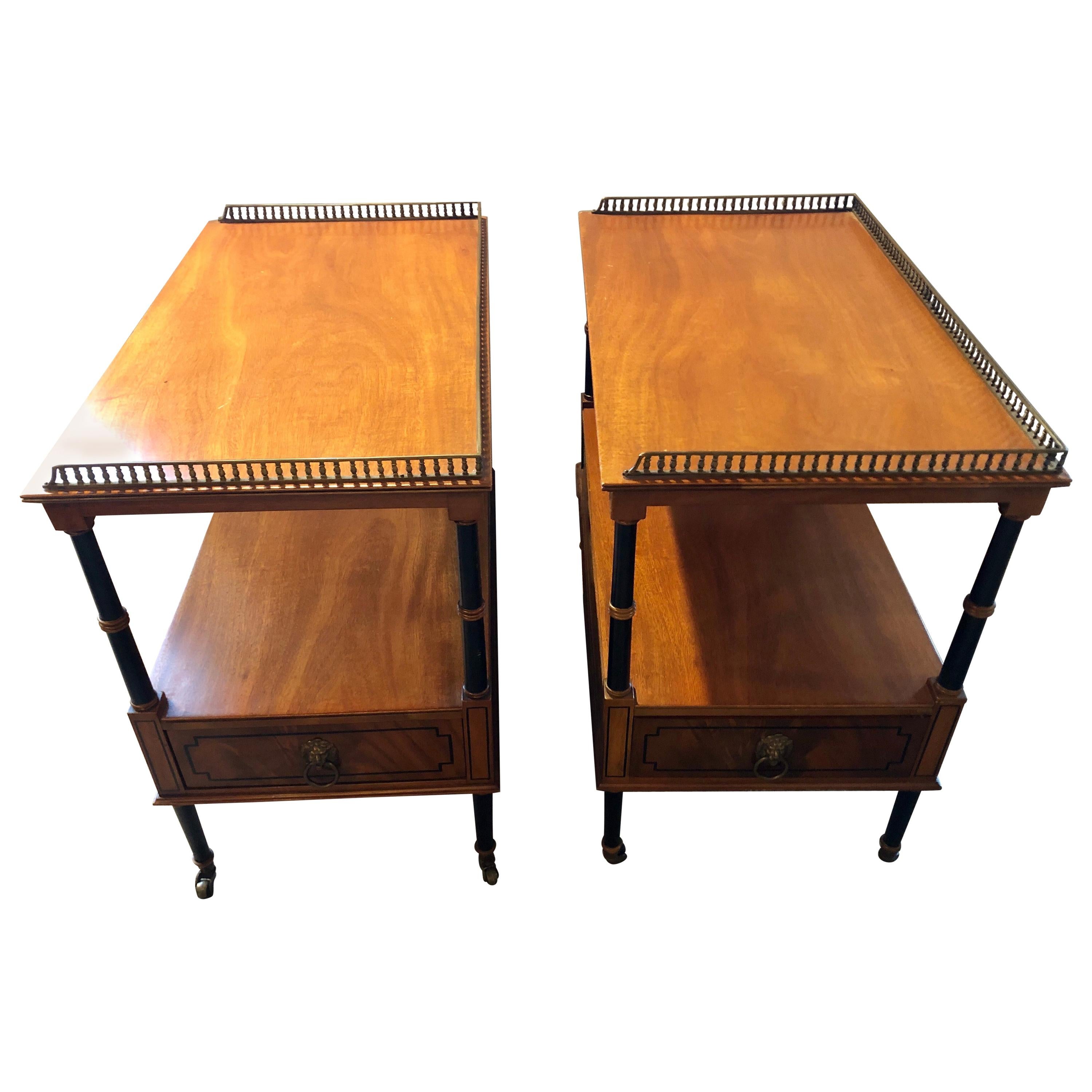 Pair of Beacon Hill Mahogany and Ebony Galleried Stands with Side Drawers