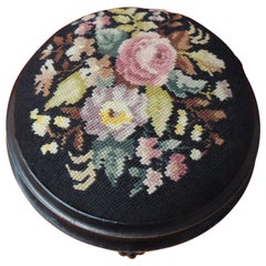 19th Century Floral Tapestry English Round Footstool