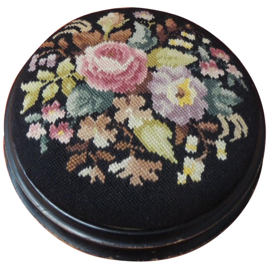 19th Century Floral Tapestry English Round Footstool