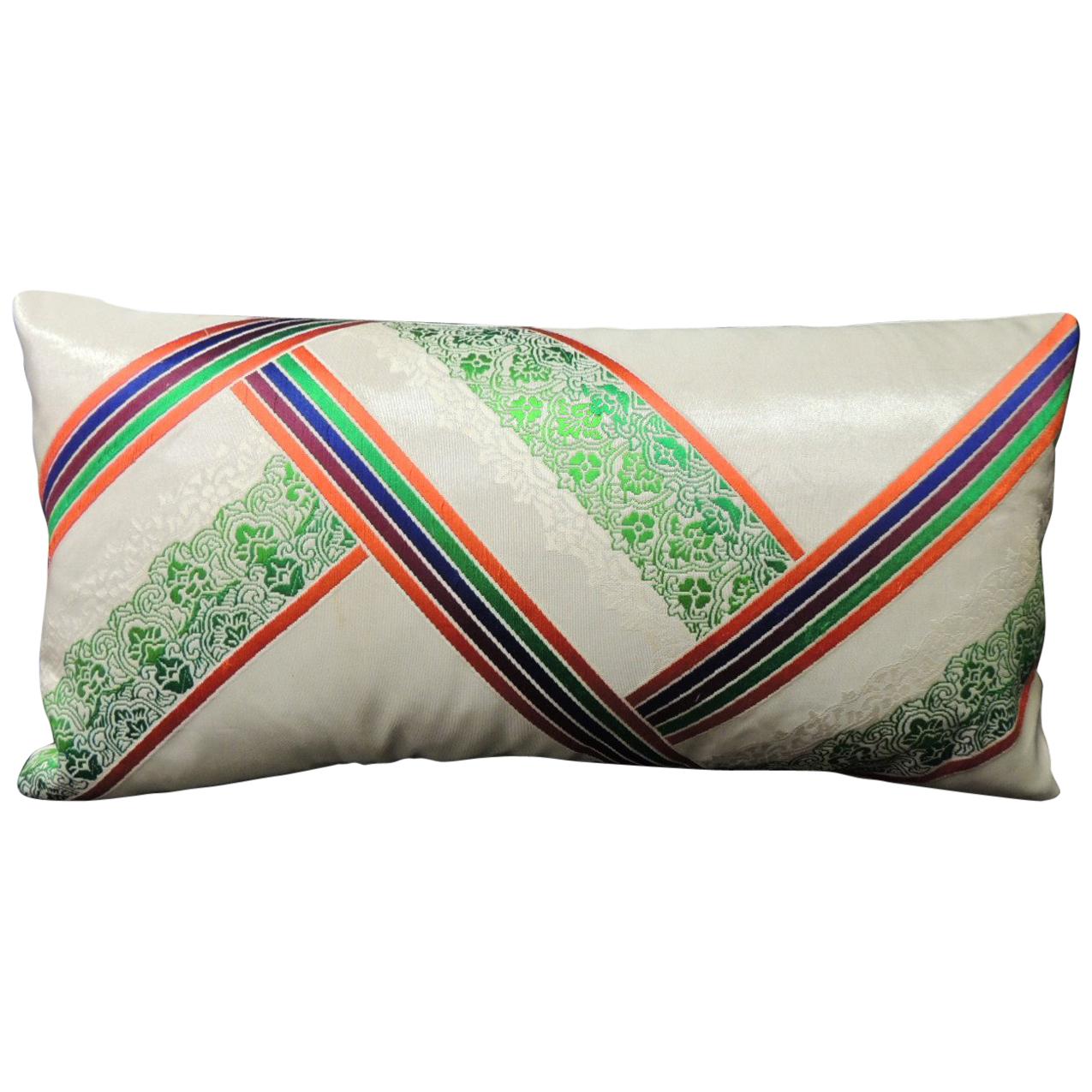 Vintage Orange and Green Silk Medallions Lumbar Obi Decorative Pillow