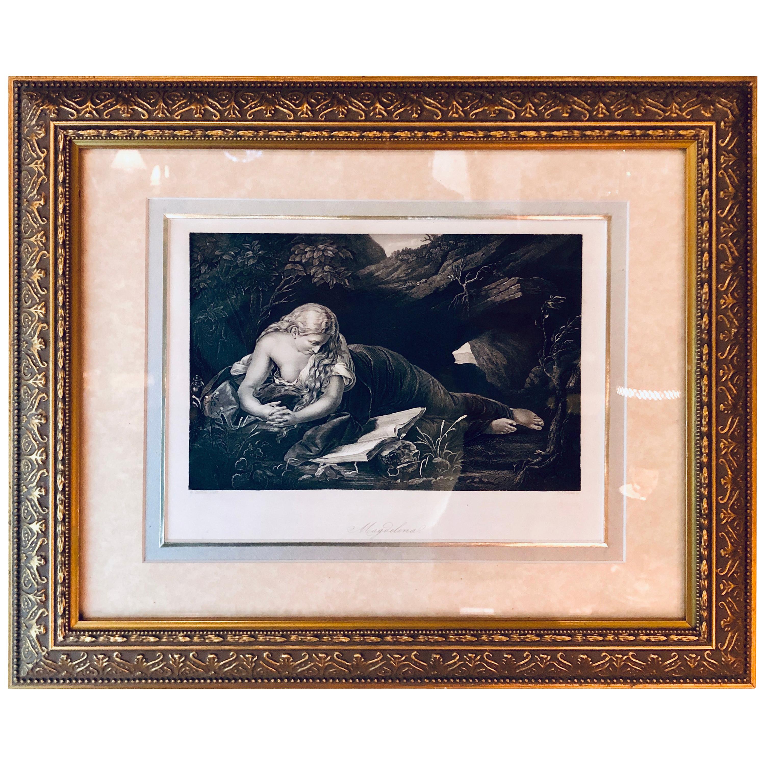 Aguafuerte diminuto de Magdalena en marco dorado Firmado G. Batoni en venta