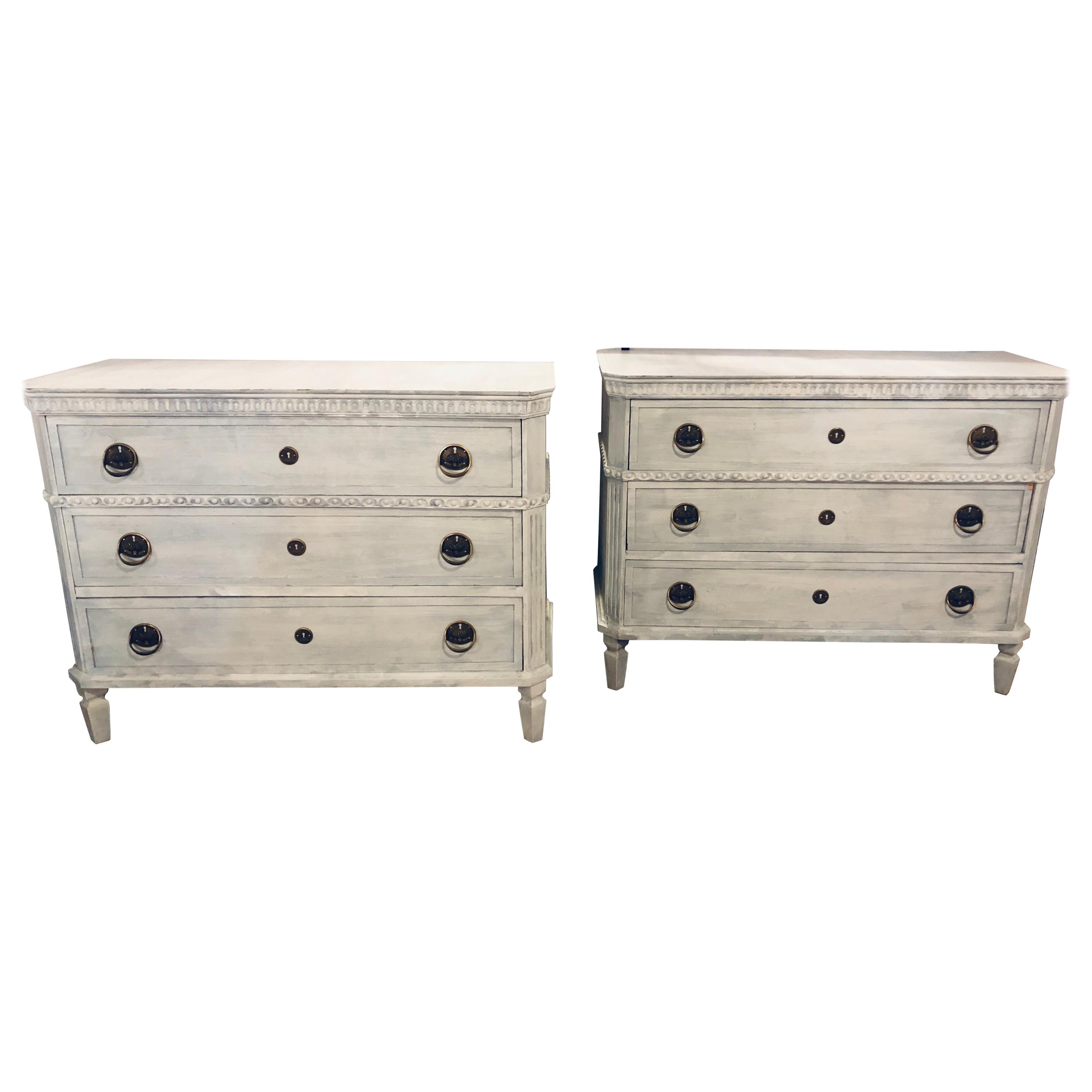 Pair of Large Swedish Paint Decorated 3-Drawer Commodes Nightstands