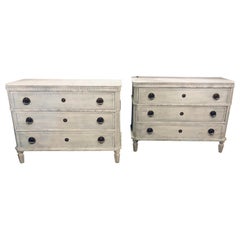 Retro Pair of Large Swedish Paint Decorated 3-Drawer Commodes Nightstands
