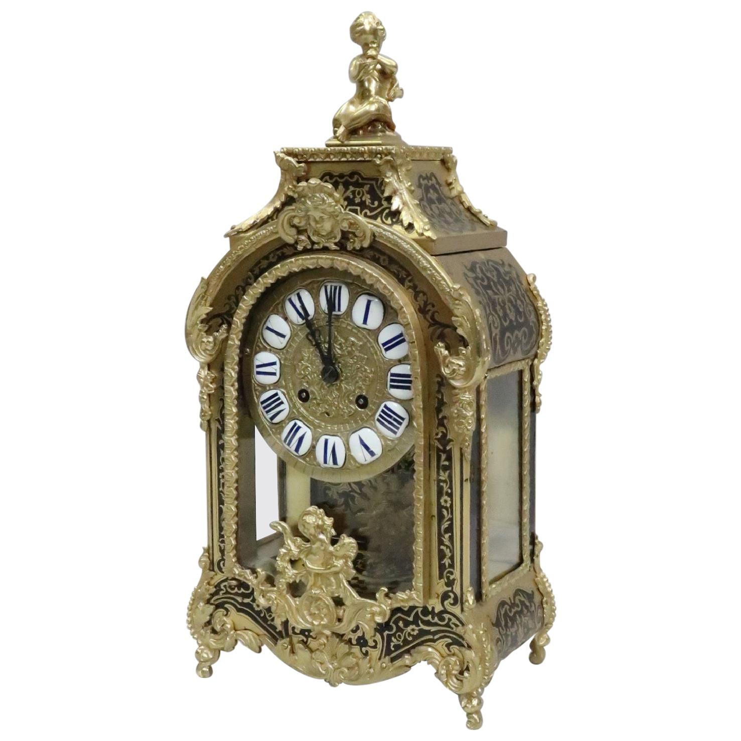 French 19th Century Louis XIV Style Boulle Mantel Clock with Bronze Gilt Mounts