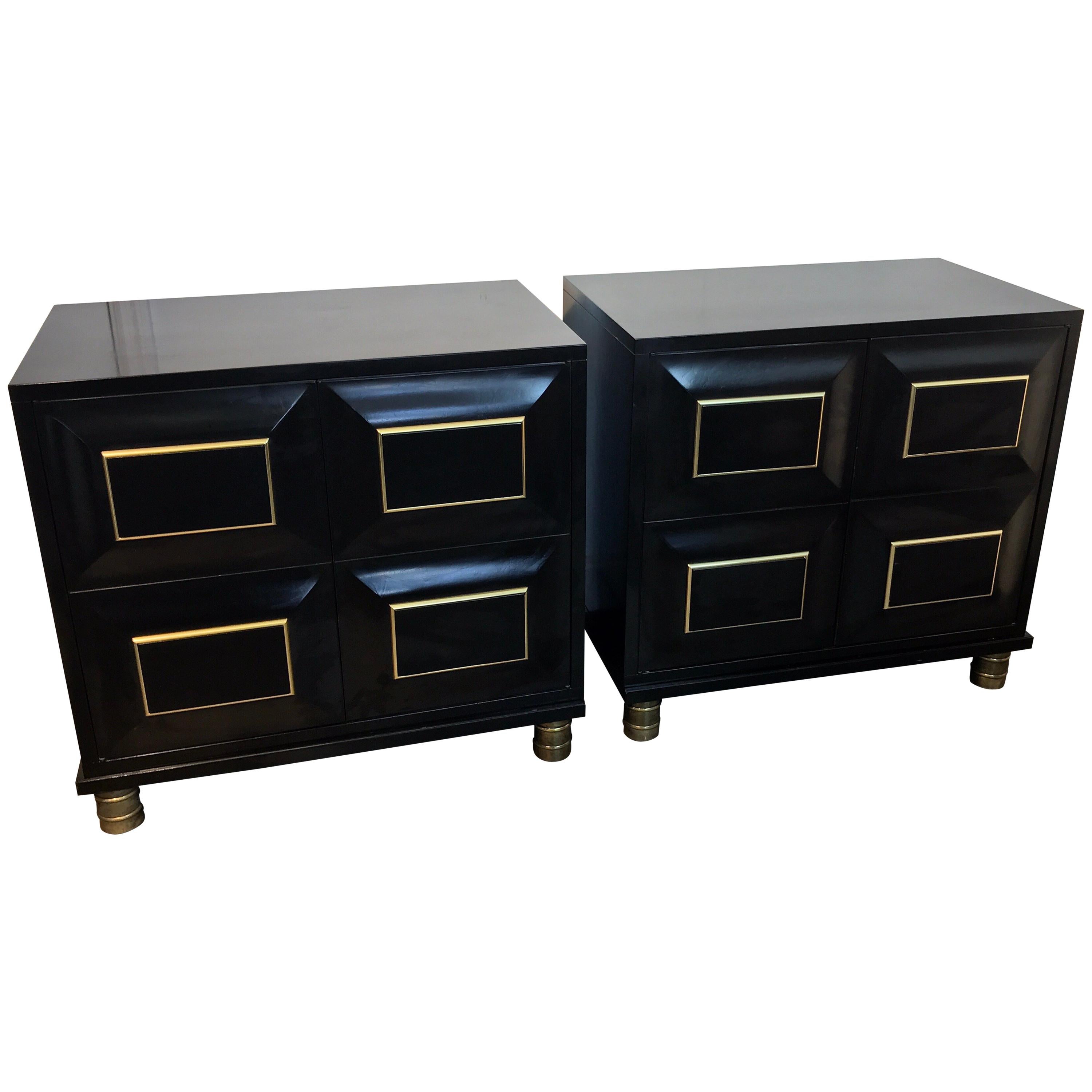 Pair of Mastercraft Black Lacquer and Brass Block Front Cabinets