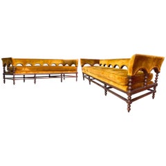 Vintage Hampton House Custom Amber Silk Velvet Regency Romanesque 3-Seat Sofa