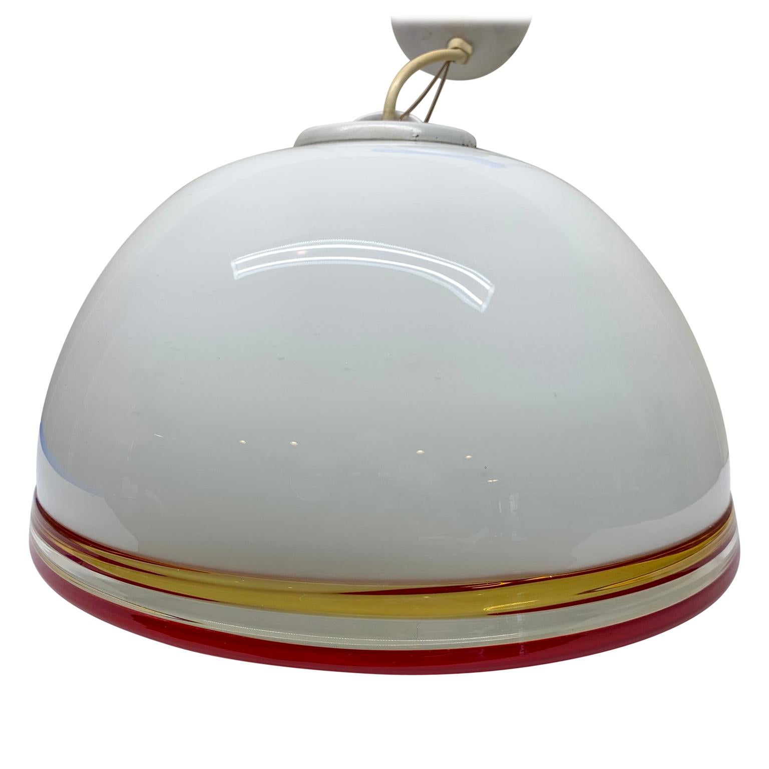 Large White, Yellow And Red Italian Murano Art Glass Dome Pendant Light