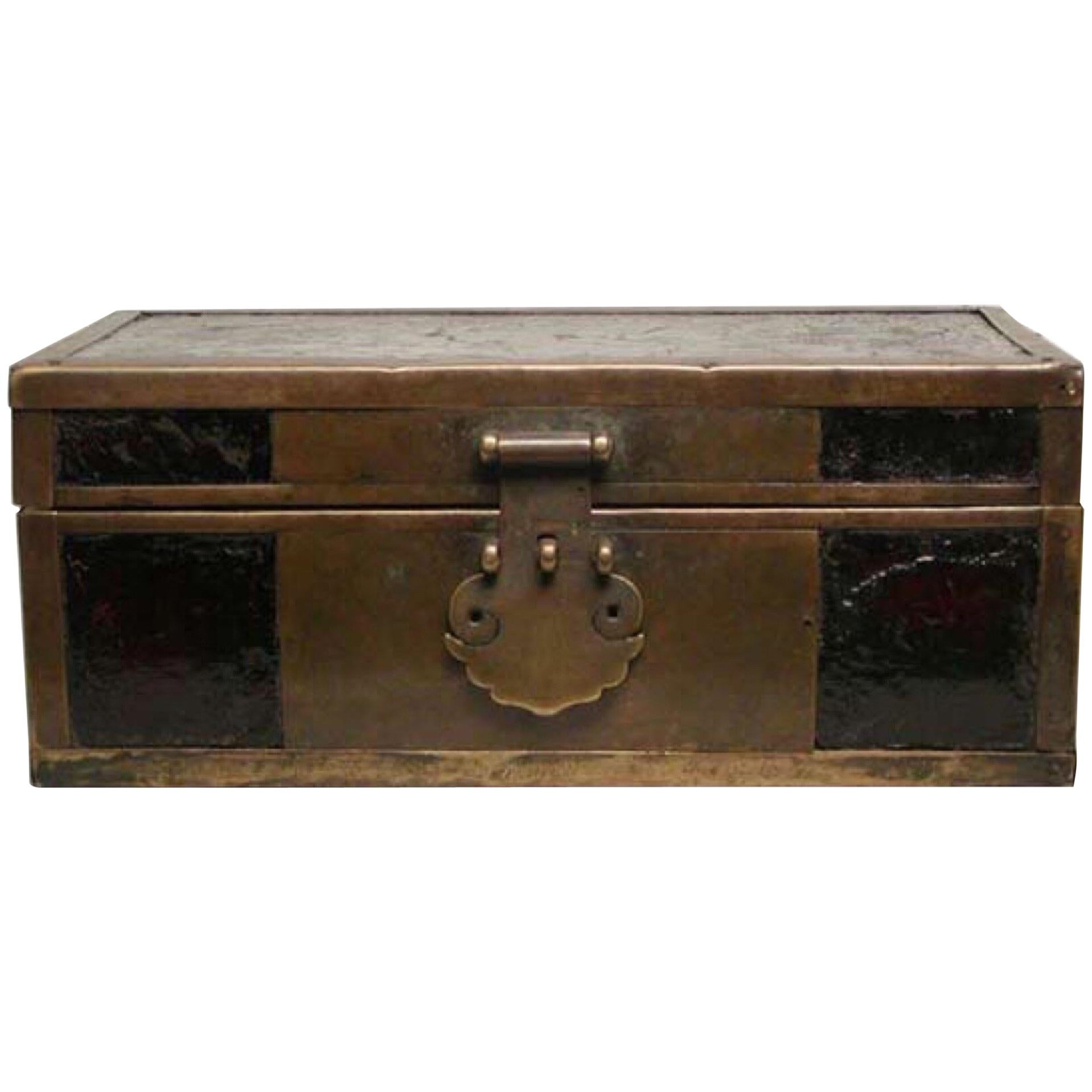 19th Century Chinese Brass and Lacquered Wood Document Box For Sale