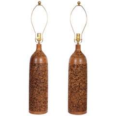 Vintage Monumental Pair of Contoured Natural Cork & Walnut Table Lamps, 1960's