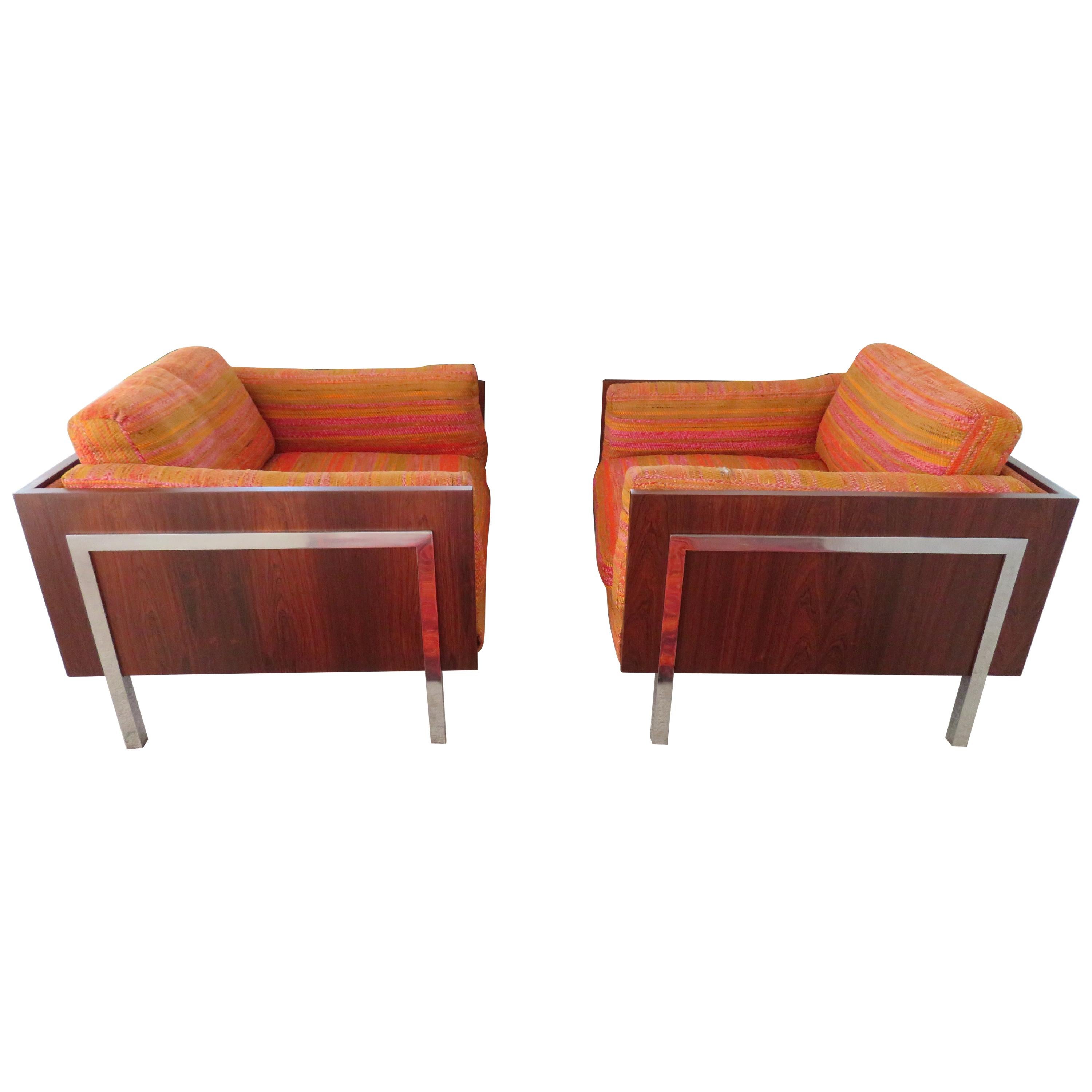 Spectacular Pair Rosewood Chrome Cube Lounge Chairs John Stuart For Sale