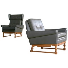 Svend Skipper Pair of High and Low Back Lounge Chairs in Green Leather