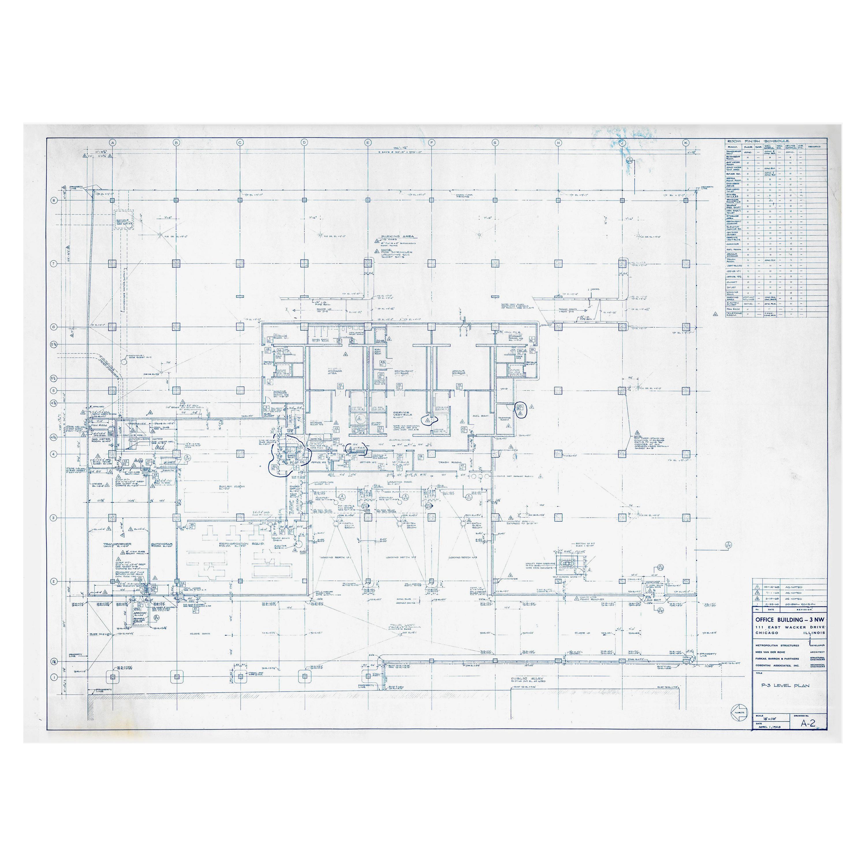 Original Mies van der Rohe Blueprint, 111 E. Wacker Chicago 1968 P-3 Level Plan For Sale