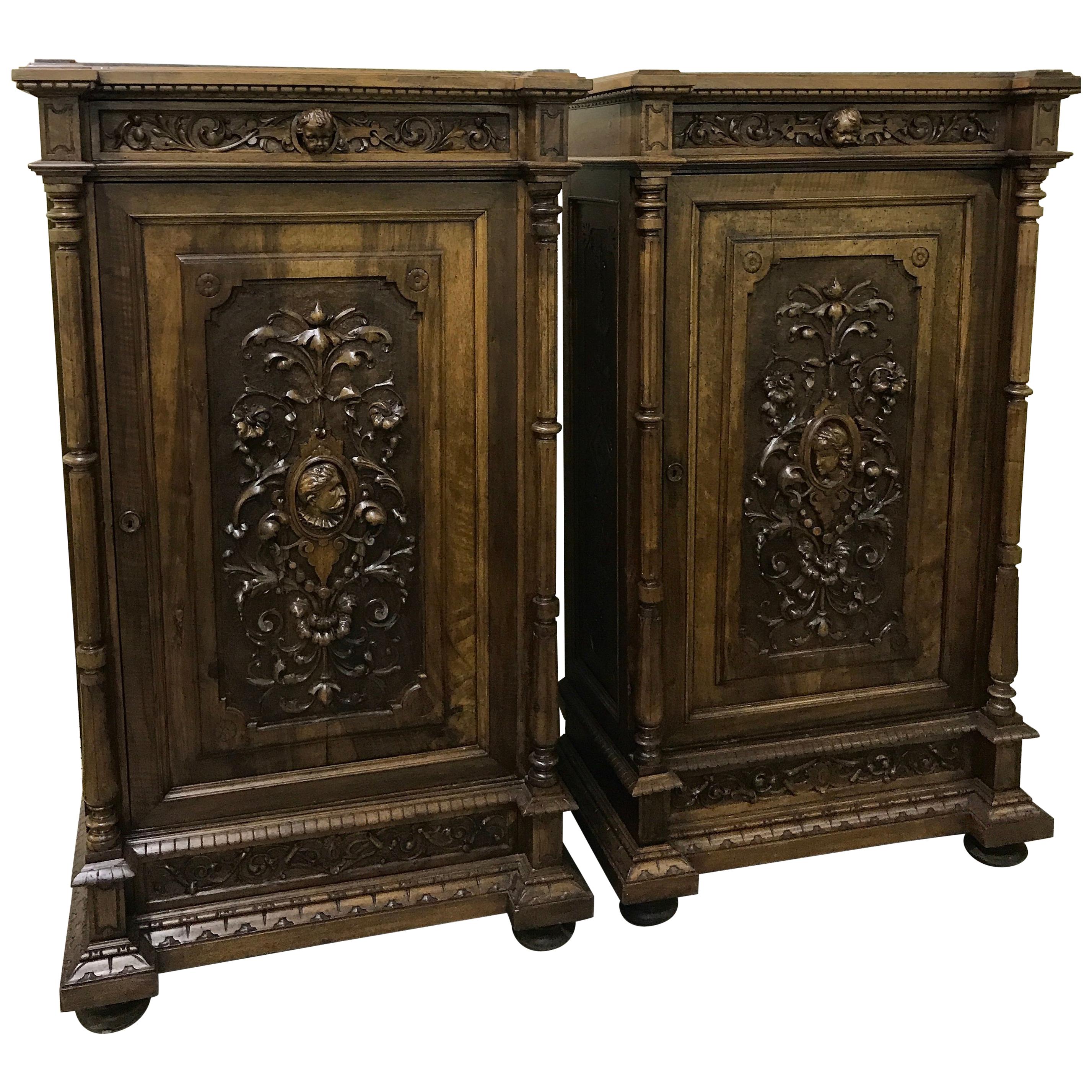 Pair of Flemish Carved Walnut and Marble Cabinets For Sale