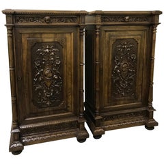 Pair of Flemish Carved Walnut and Marble Cabinets