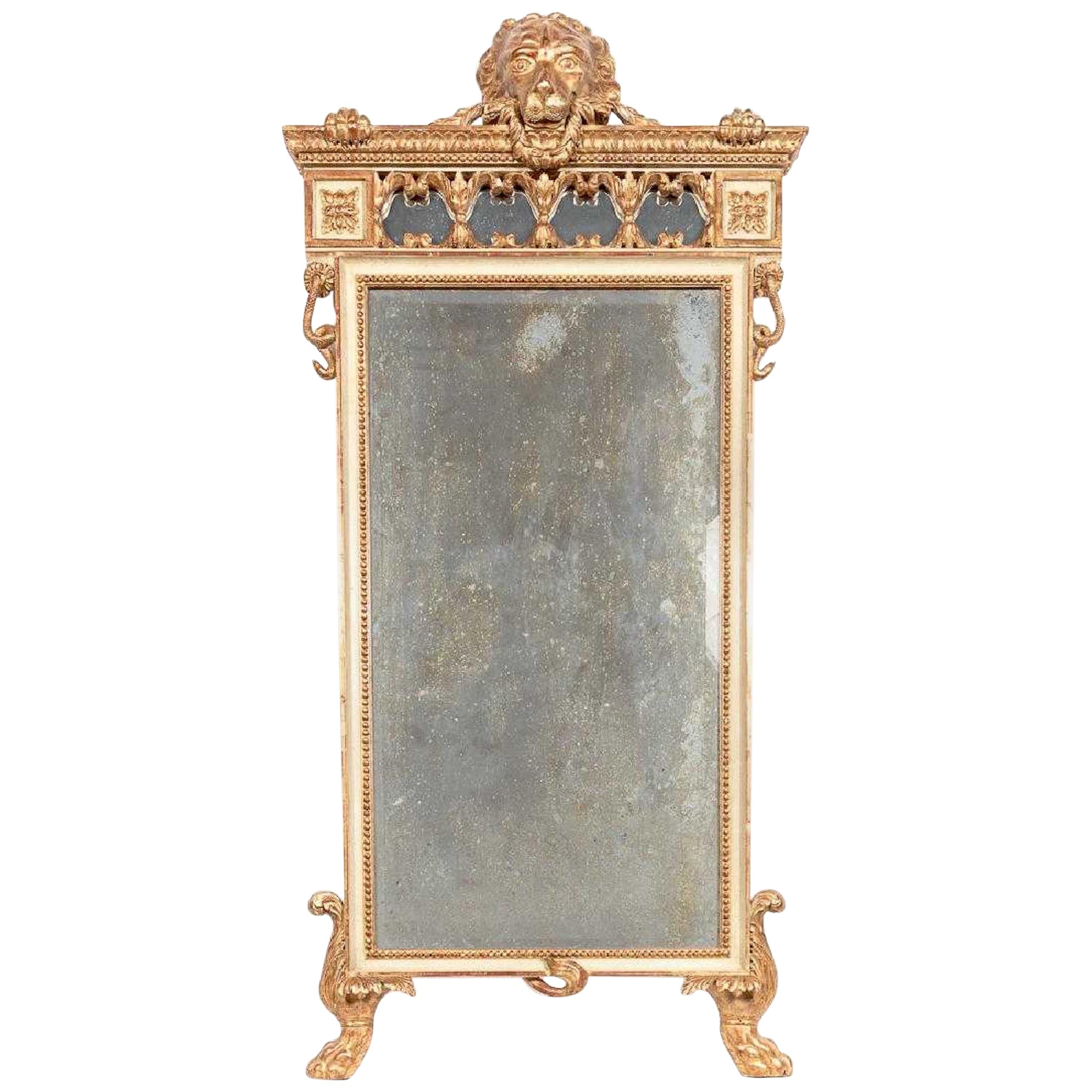 18th Century Italian Giltwood Neoclassic Standing Lion Motif Mirror