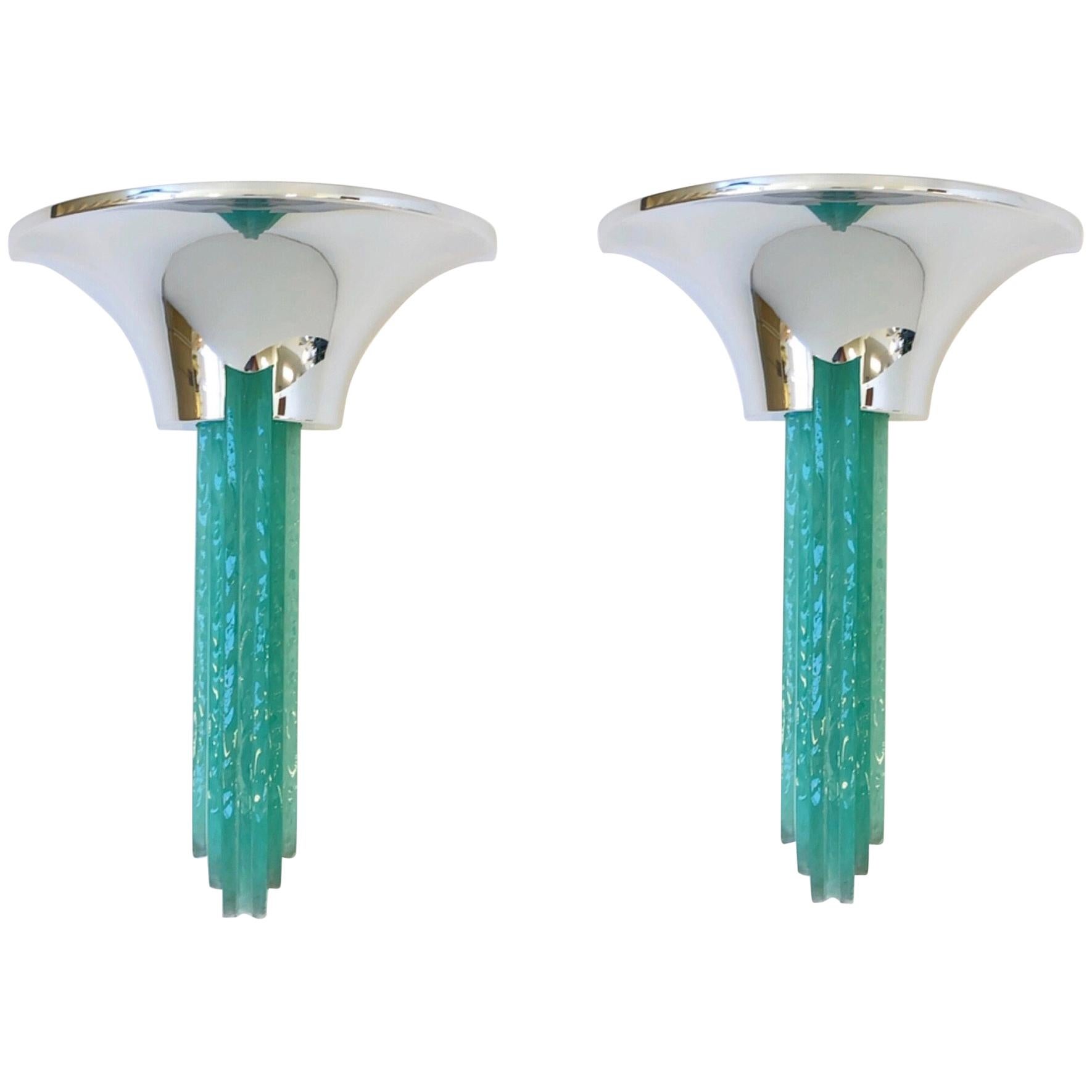 Pair of Chrome and Glass Wall Sconces by Karl Springer 