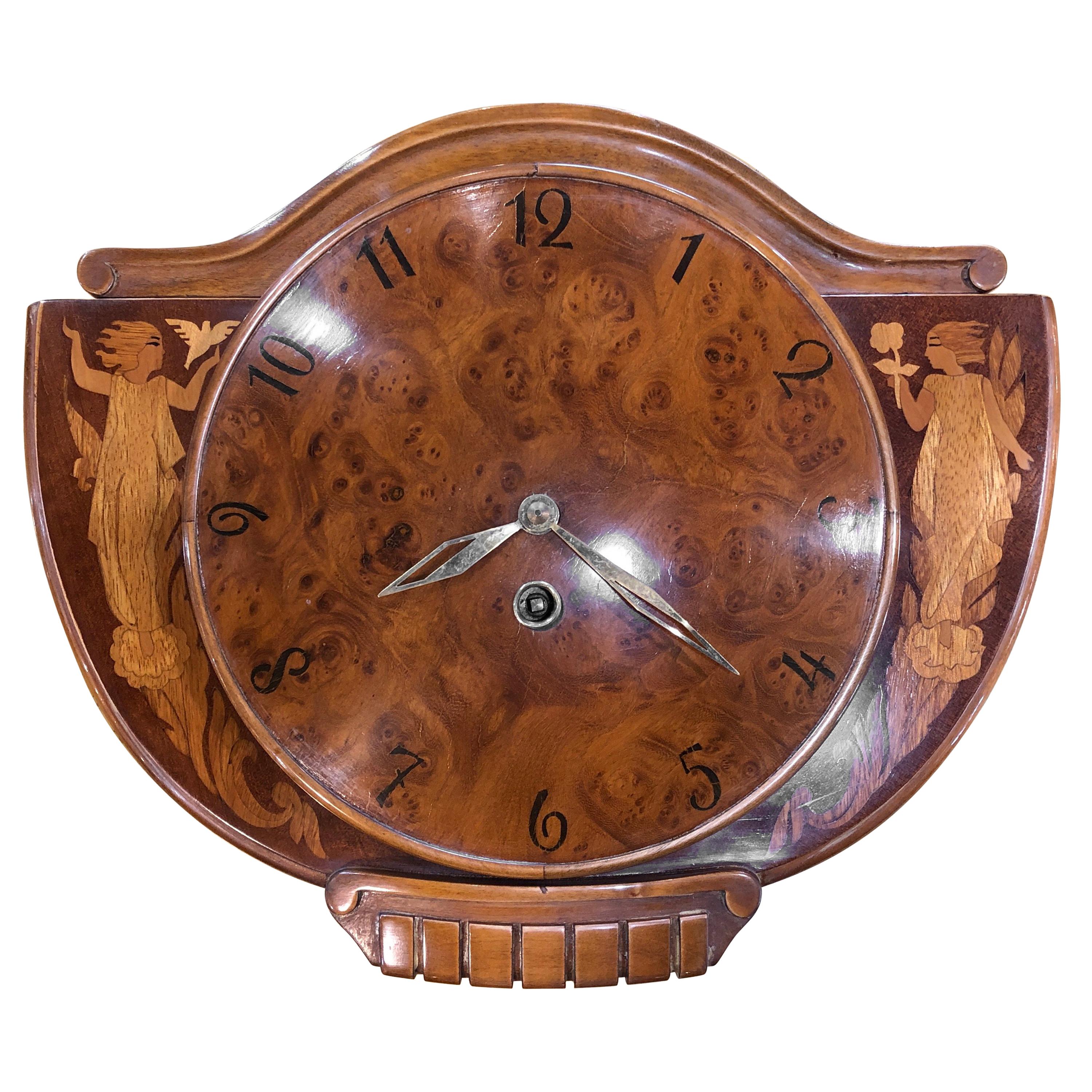 20th Century Art Deco Walnut and Root Inlaid Sweden Clock, 1940s