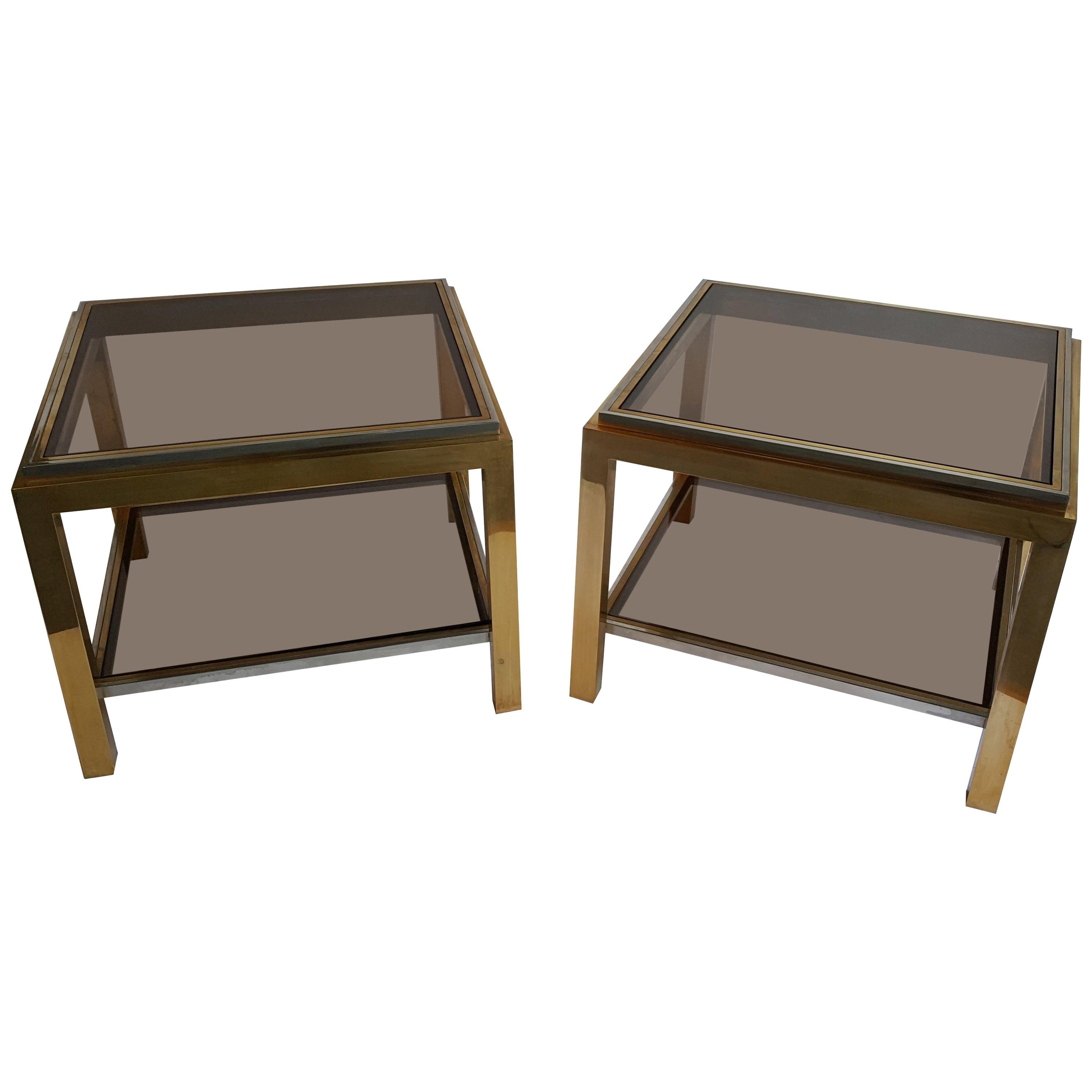 Brass and Smoked Glass Coffee Tables by Jean Charles, Set of Two For Sale