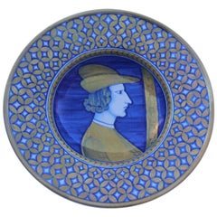 Round Centerpiece Wall Plate Lustre Ceramic Gold Blu Deruta 1940 Italian Design
